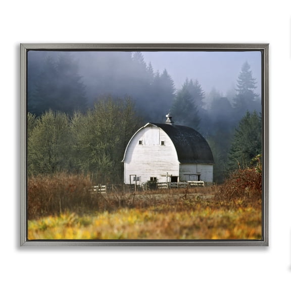 Stupell Industries Farmhouse White Barn Woodland Clearing Gray Floating Frame Canvas Art, 31 x 25, by Dennis Frates