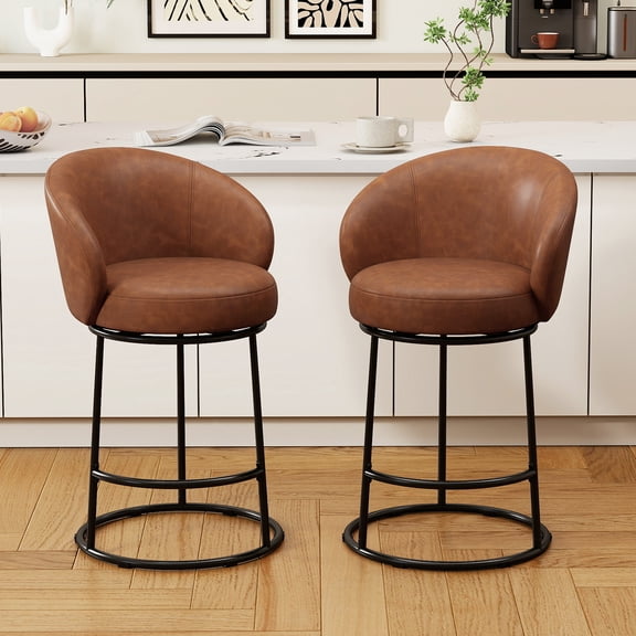 MultiHaven 26.7" Upholstered Swivel Bar Stool Set of 2 with Back,Modern Counter Height Chair for Kitchen Island - Brown PU Leather