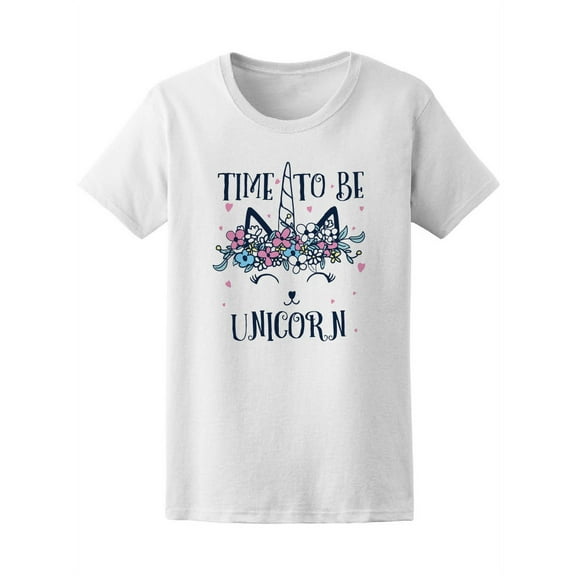 Time To Be Unicorn Cat Face Flowers T-Shirt - Image by Shutterstock, Female Small