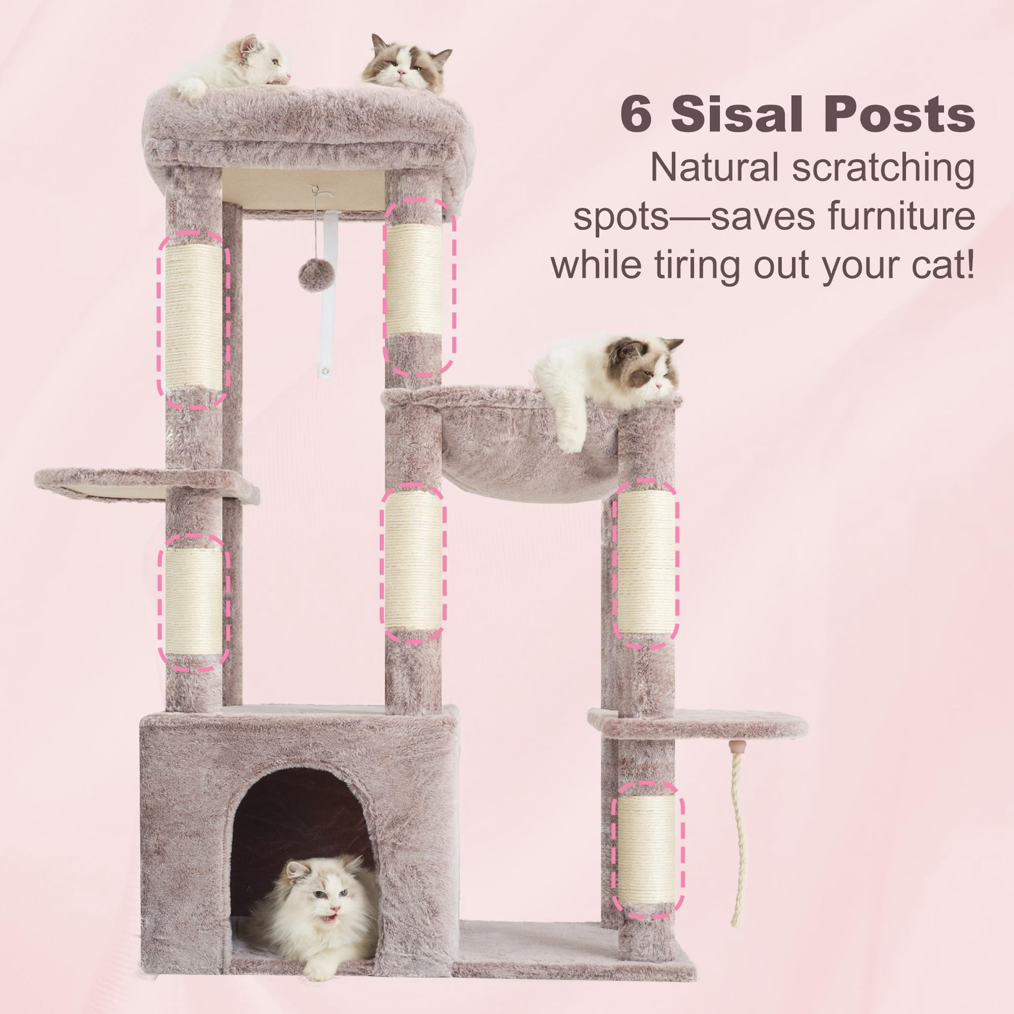 Heavy Duty Cat Tree  Tower For Indoor Cats Large Adult Tall Condo House With Extra-large Baseboard Multi-level Plush Furniture Posts Hammock Balls Muchroom Hct026mu