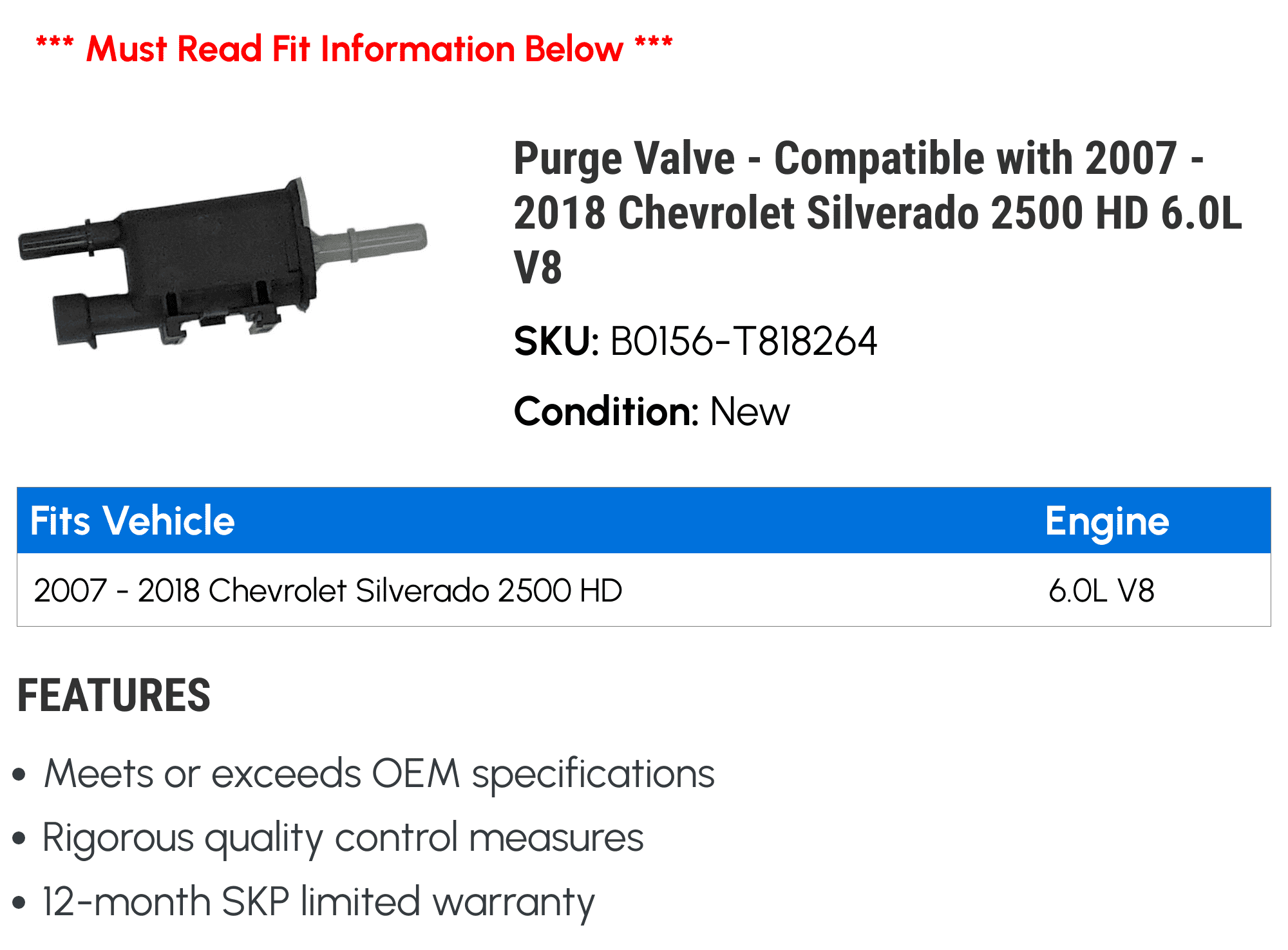 Purge Valve - Compatible with 2007 - 2018 Chevy Silverado 2500 HD 6.0L V8 2008 2009 2010 2011 2012 2013 2014 2015 2016 2017