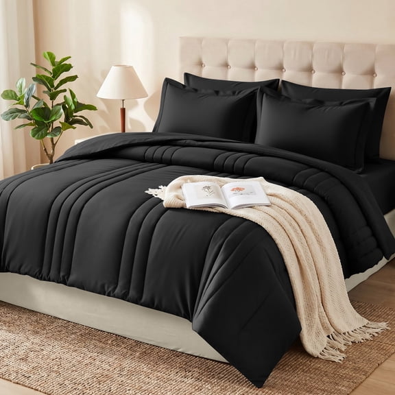 Dhole 7-Piece Bed in Bag - Queen Size Striped Comforter Sets, Pillowcases & Sheet Collection for Cozy Bedding Sets - Black