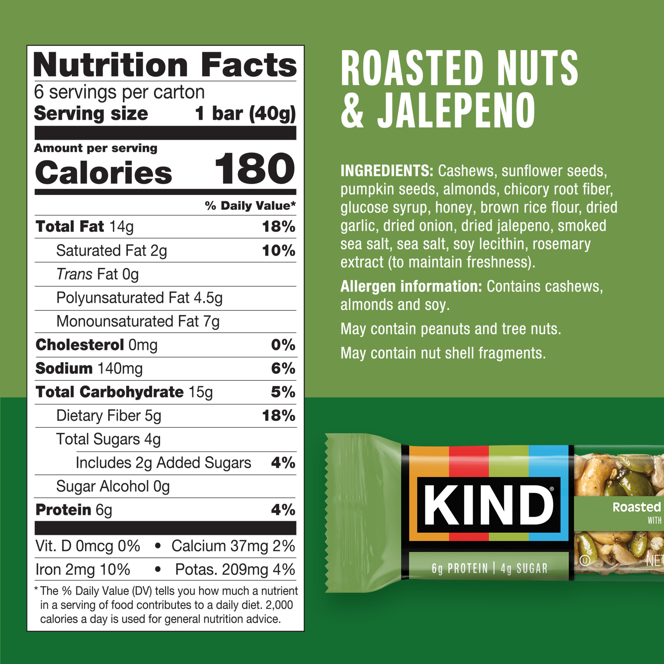 KIND Savory Nut Bars, Gluten Free Snacks, Roasted Nuts & Jalapeno, 8.4oz Box (6 Bars)