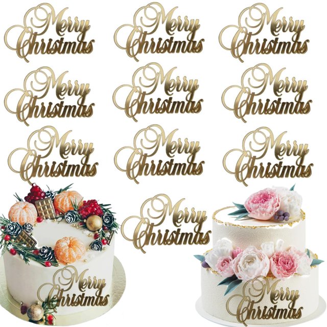 Decoraciones para Pastel AUOCATTAIL Feliz Navidad Acrílico Dorado 10 piezas