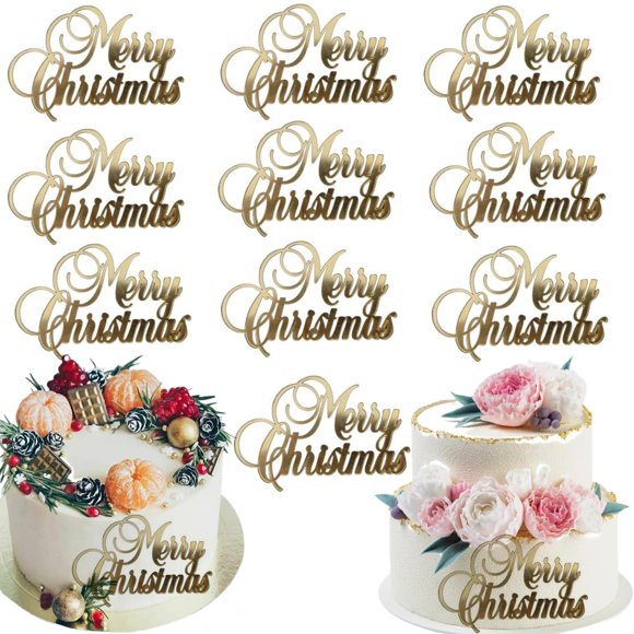 Decoraciones para Pastel AUOCATTAIL Feliz Navidad Acrílico Dorado 10 piezas