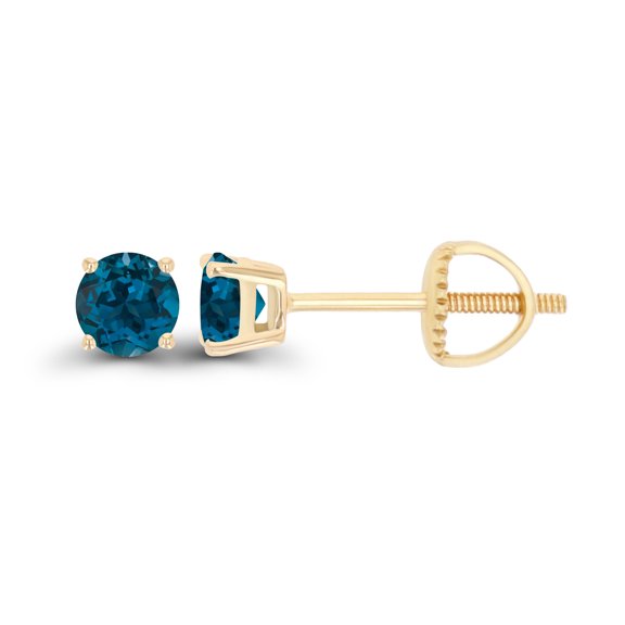 Decadence 14K Yellow Gold Plated Sterling Silver 4mm Round Natural London Blue Topaz December Birthstone Screwback Stud Earrings