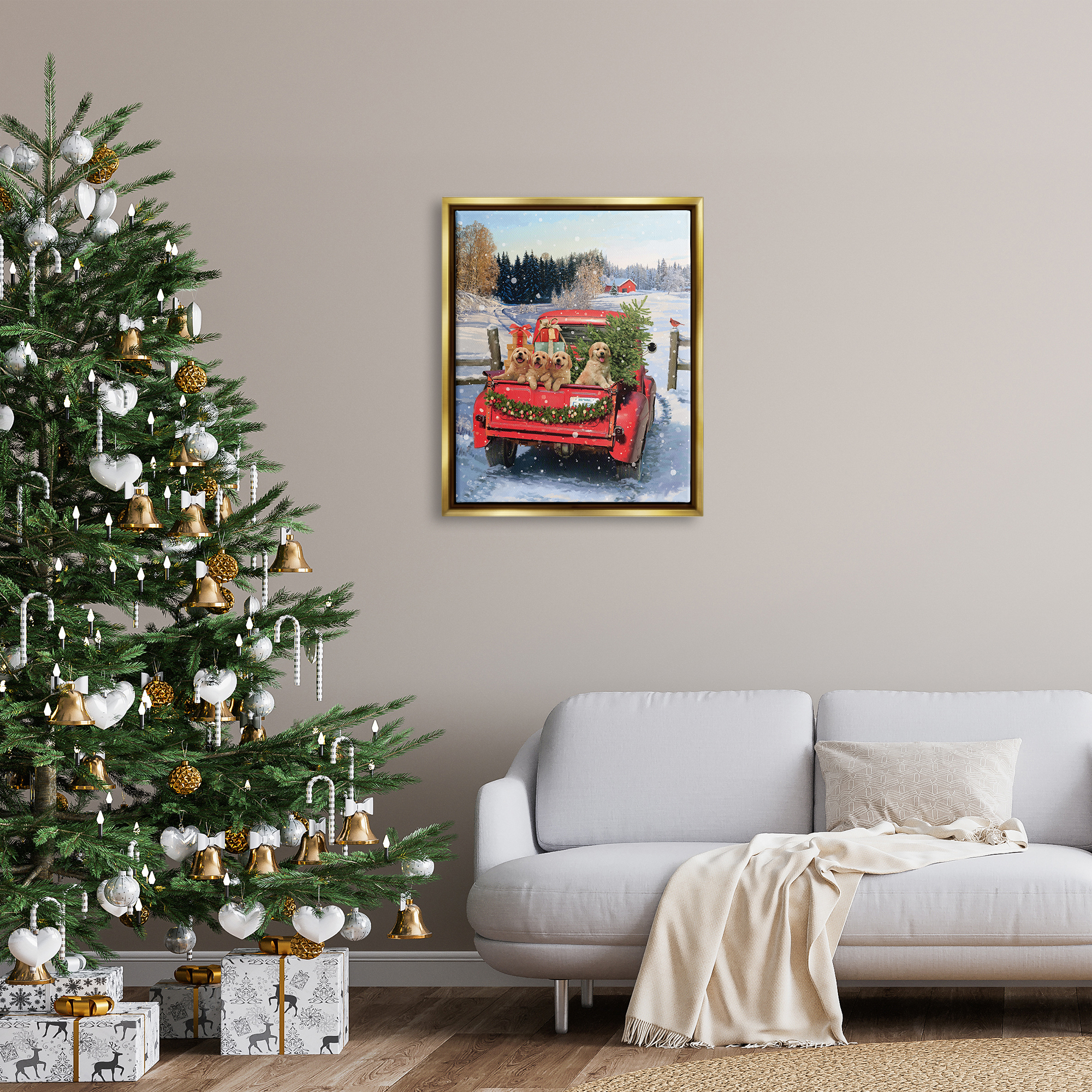 Stupell Industries Puppies in Holiday Truck Holiday Painting Gold Floater Framed Canvas Art Print Wall Art, 25 x 31
