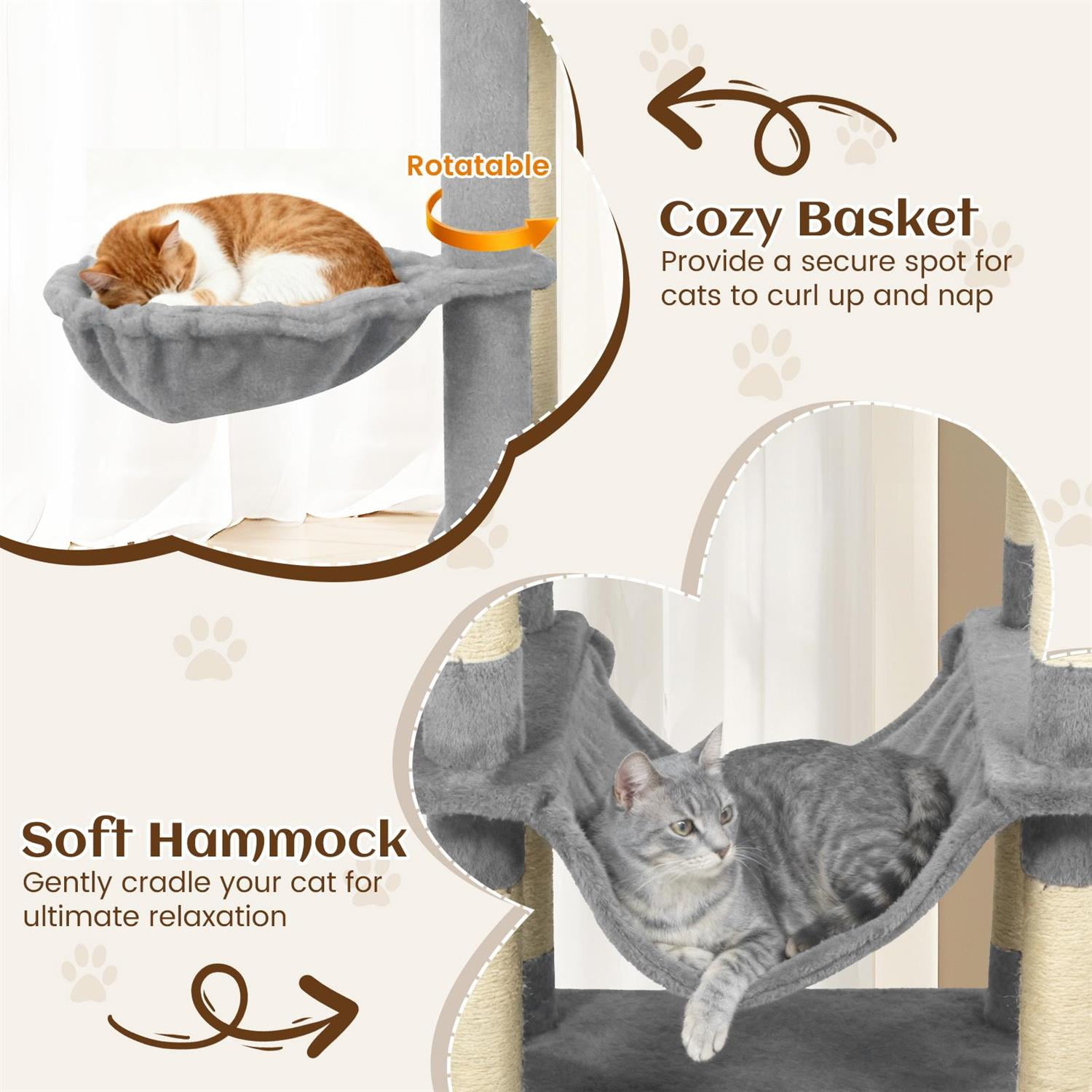 Demi Bonn 80" Tall Cat Tree, 2 Large Condos & Dangling Toys, Hammock & Sisal Scratching Posts, Light Gray