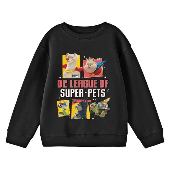 DC League of Super Pets Characters and Title Logo Youth Black Crew Neck Sweatshirt-Medium