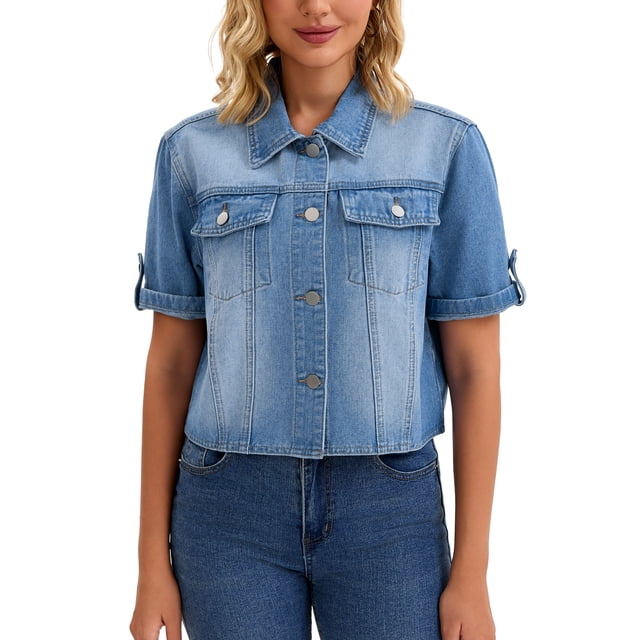 Chaqueta de mezclilla casual de mujer Inspire Chic con cuello de solapa, manga corta y botones, color azul