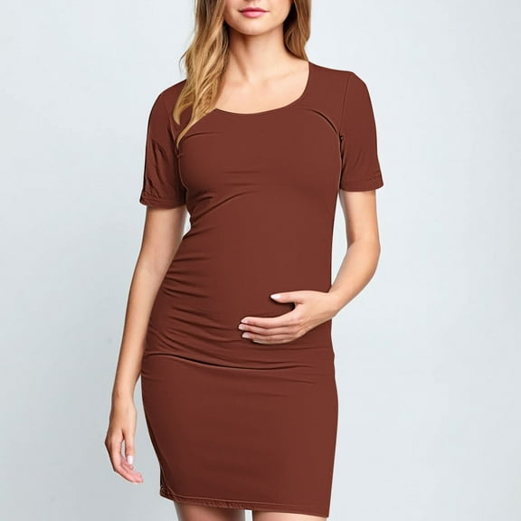 Frwgonr Maternity Dress Spring Coffee Short Sleeve Maternity Dress Ruched Pregnancy Clothes S-XL