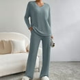 thumbnail image 2 of YUGYXL 2 Piece Outfits for Women Long Sleeve Knit Sweater Top and Wide Leg Pants Ribbed Lounge Matching Set Fall Winter Light Blue S, 2 of 9