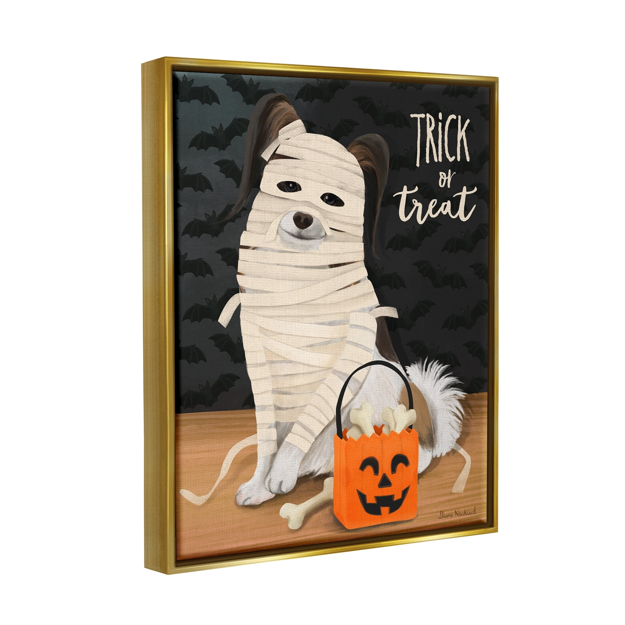 Stupell Industries Dog Wearing Mummy Costume Trick or Treat Halloween Graphic Art Metallic Gold Floating Framed Canvas Print Wall Art, Design by Diane Neukirch