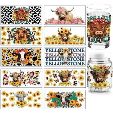 10 Sheets UV DTF Cup Wrap 10 Styles Colorful Cow Sunflowers Words Rub on Transfers PVC Transfer Stickers Waterproof Rub Decals for DIY 16OZ Glass Cups Furniture Wood Crafts diy
