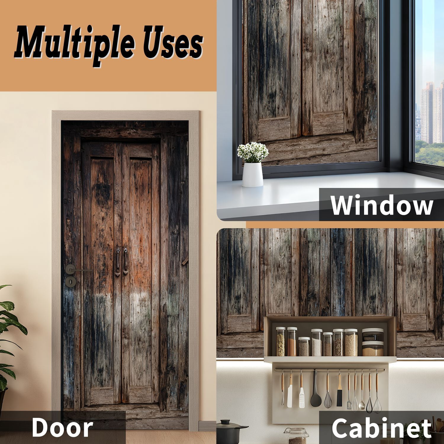 Self Adhesive Vinyl Refrigerator Wrap Set Wooden Door Mural Removable Fridge Sticker Peel and Stick&nbsp;Full Door Cover Decal Kitchen Bar Decor