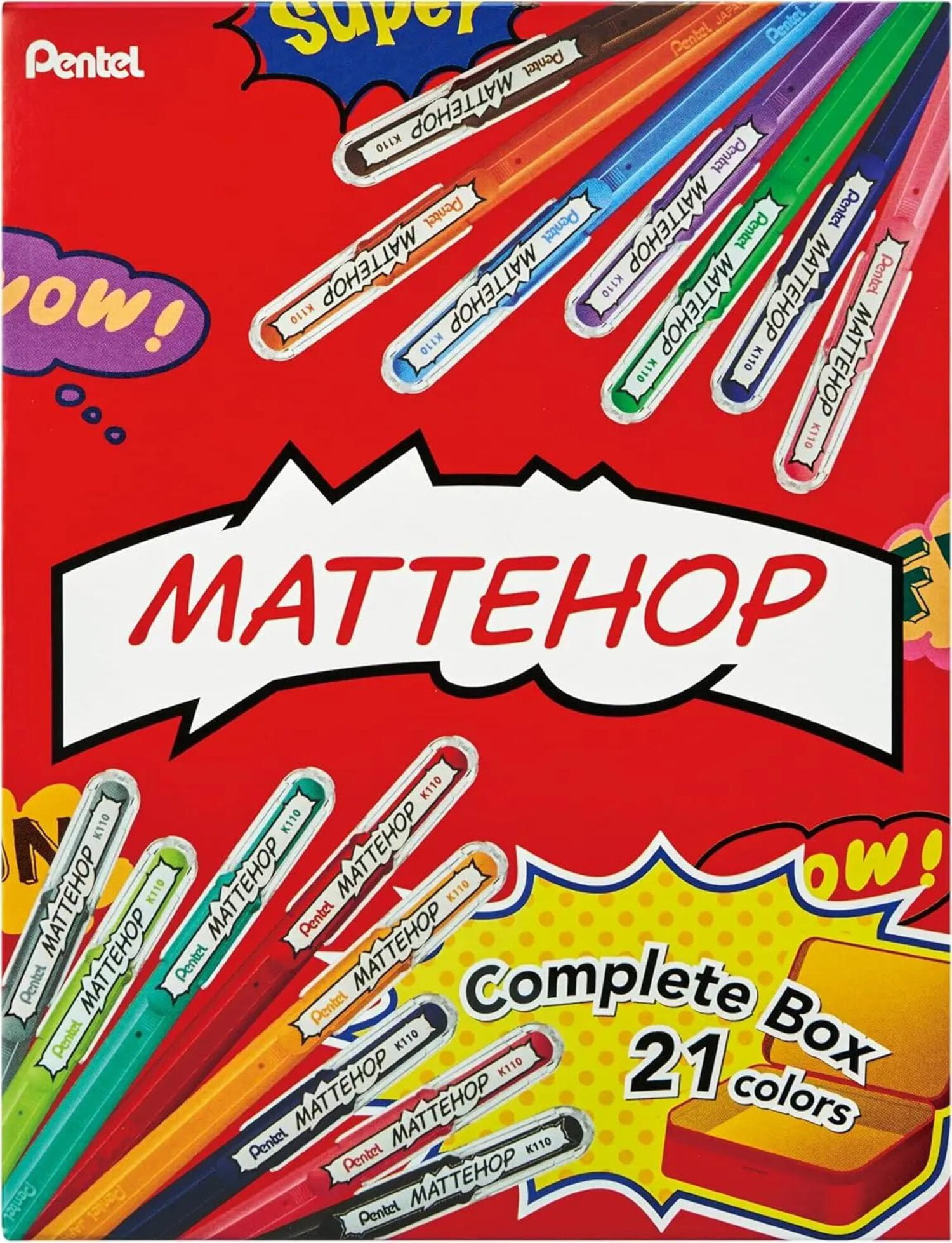 Pentel MATTEHOP Color Gel Pen Set, (1.0 mm), 21 Colors, with Metal Box