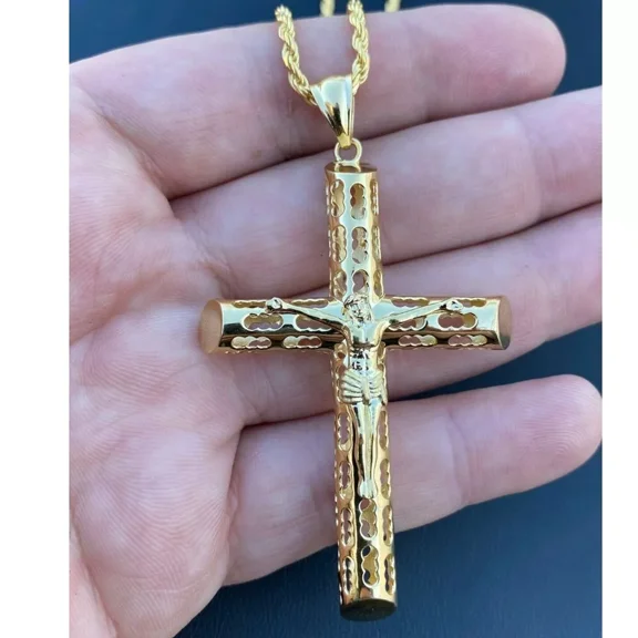 Men's Cross Jesus Piece Pendant – 14K Yellow Gold Plated Silver