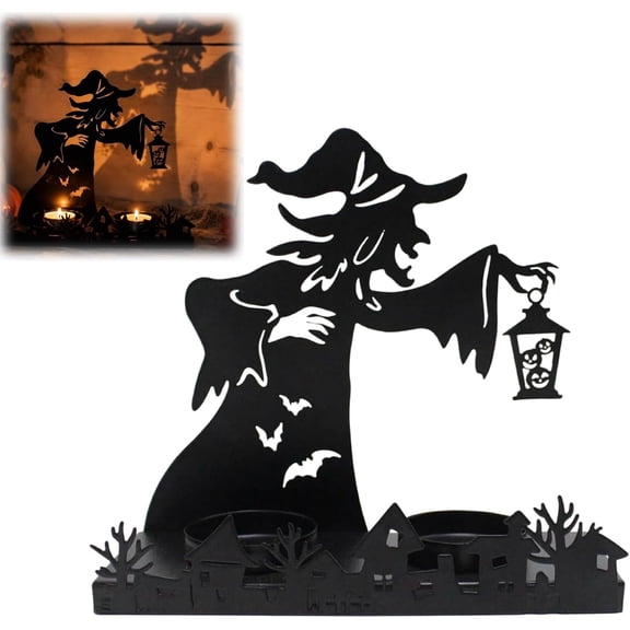 Halloween Witch Candle Holder Metal Shadow Projection Tealight Stand Tabletop Centerpiece for Mantel Shelf (Black) 1 Pack