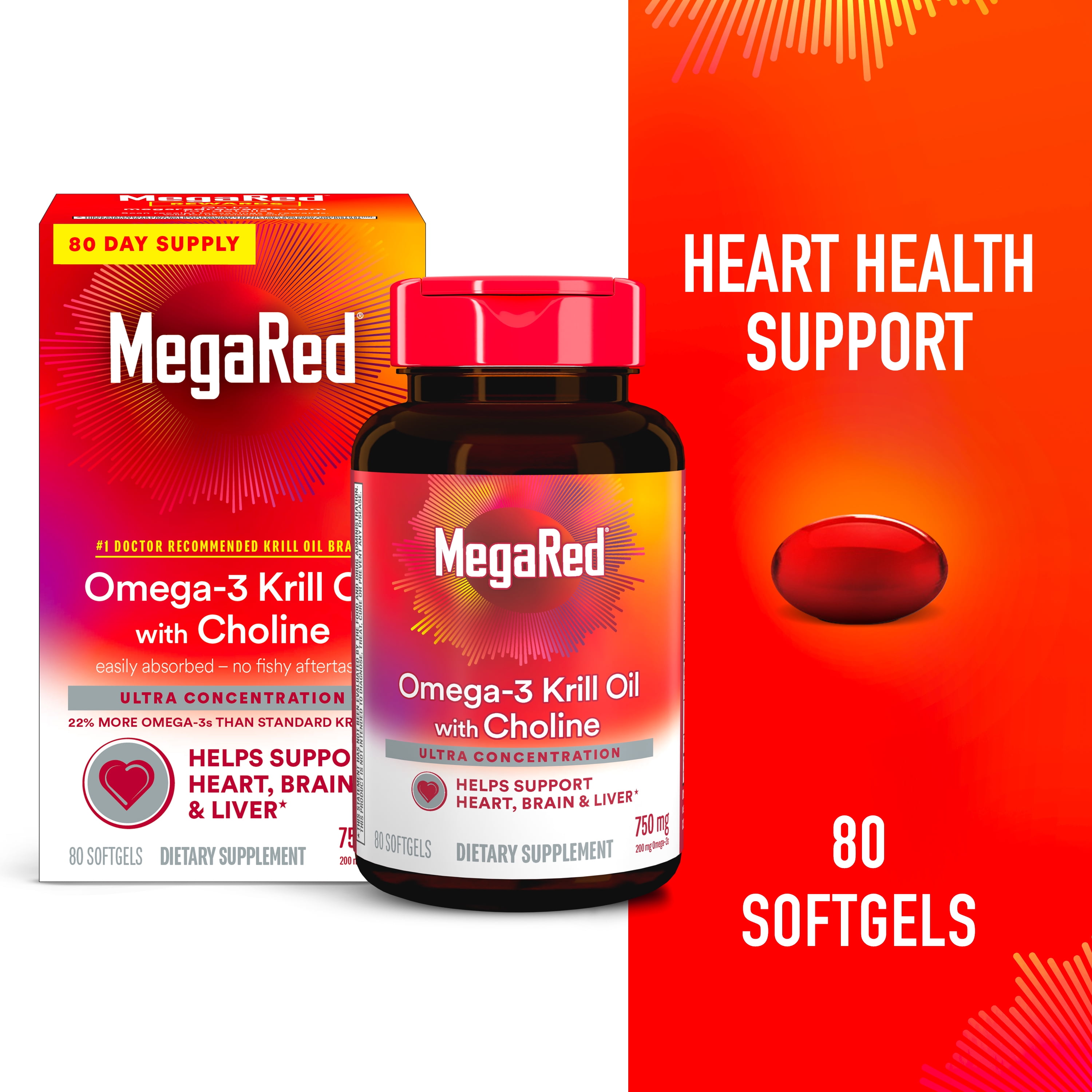 MegaRed 750mg Omega3 Antarctic Krill Oil with Choline, 80 Softgels