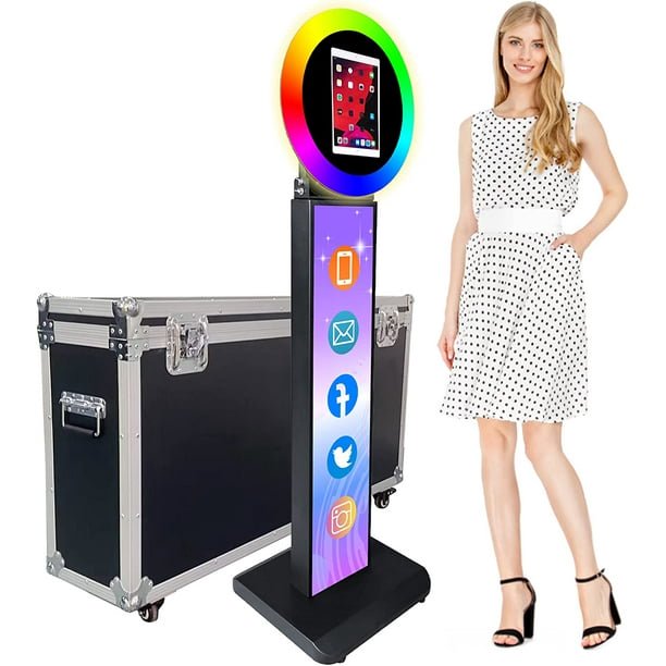 ZLPOWER Portable iPad Photo Booth with RGB Ring Light & Bluetooth APP Control - Adjustable Stand for 10.2”/10.9”/11”/12.9” iPad - Wedding, Halloween, Christmas Party Essential(White+Flight Case)
