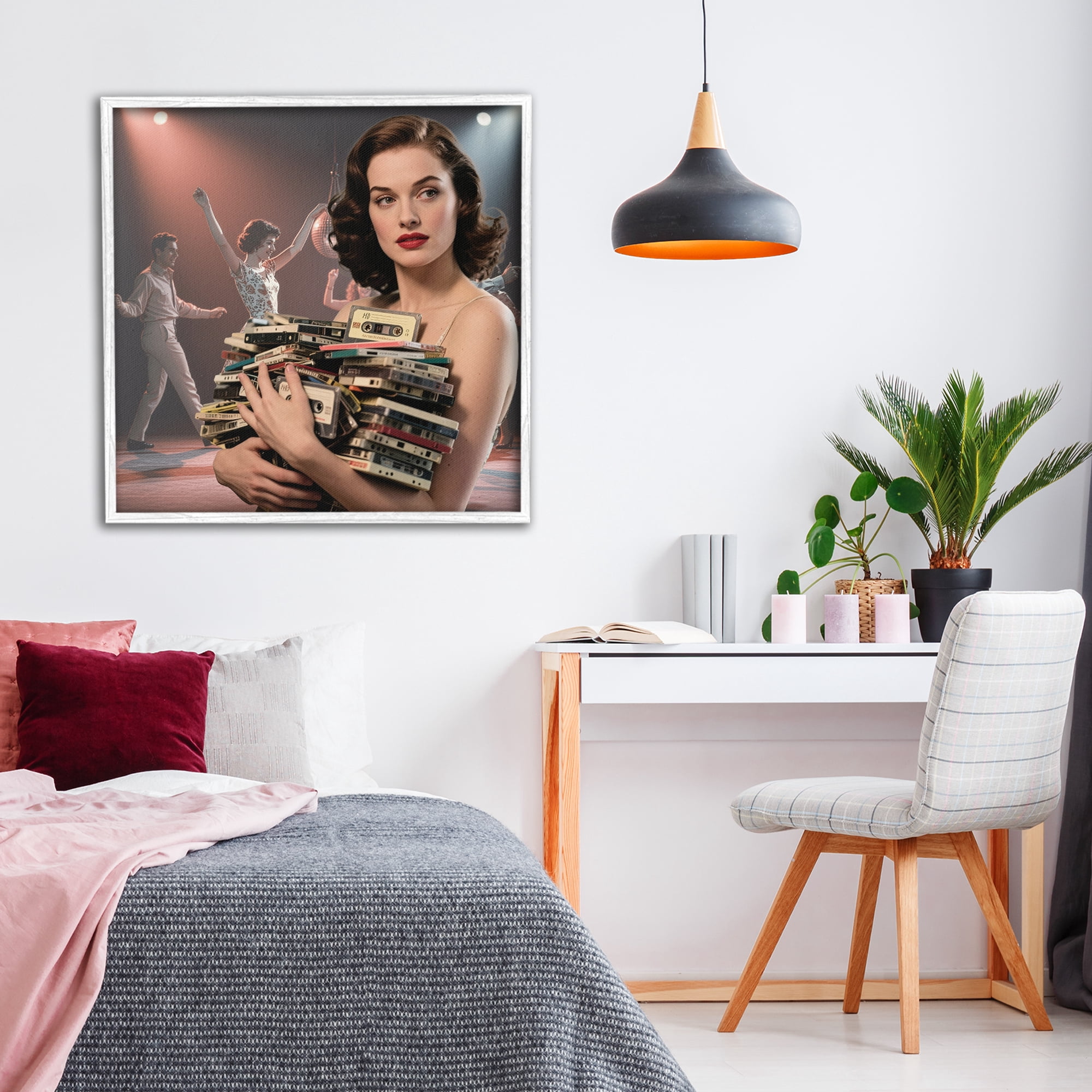 Stupell Industries Woman Holding Vintage Cassette Collection White Framed Giclee Art, design by CAD Designs