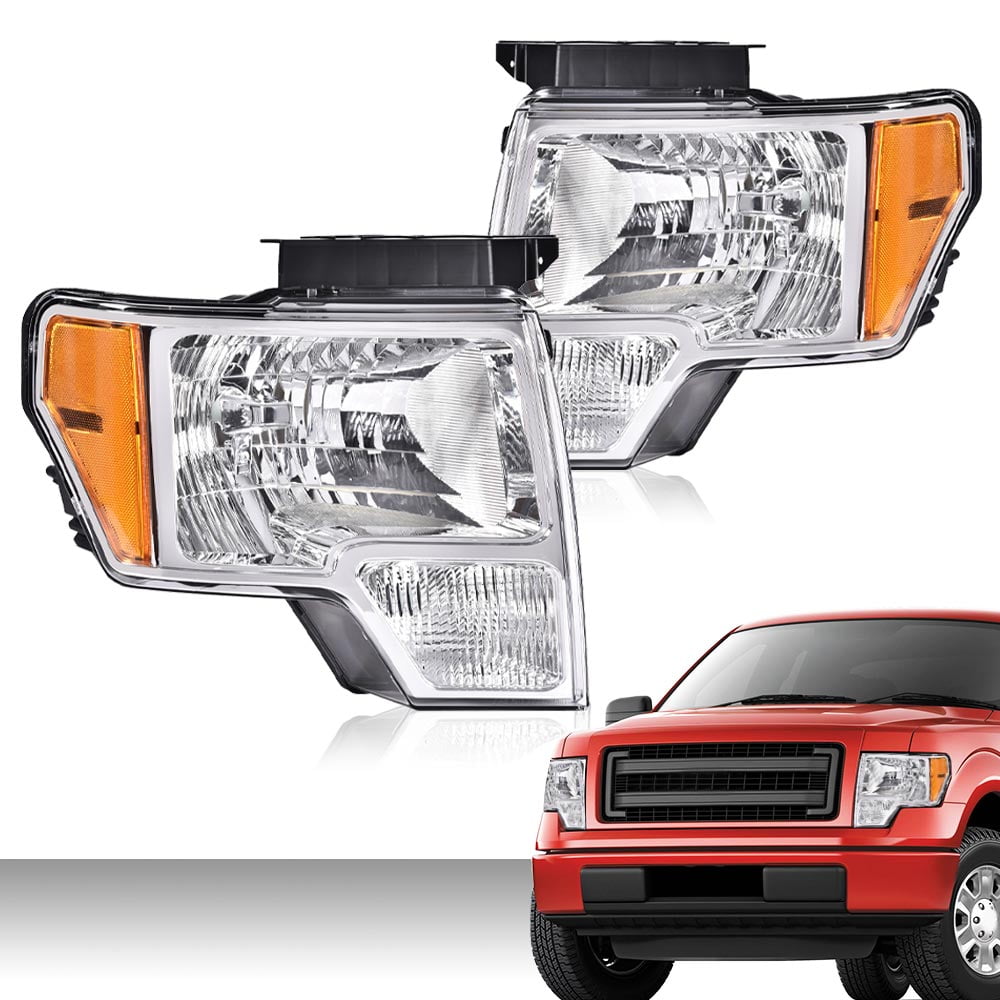 CROSSDESIGN Headlights Chrome Headlamps Pair Fit for Ford F150 2009-2014