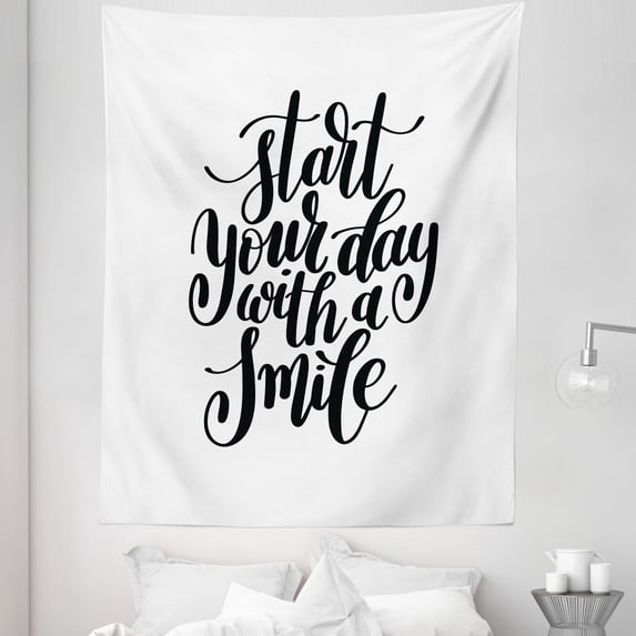 Saying Tapestry, Start Your Day with a Smile Lettering Positive Thoughts Monochrome Hand Writing, Fabric Wall Hanging Decor for Bedroom Living Room Dorm, 5 Sizes, Black and White, by Ambesonne