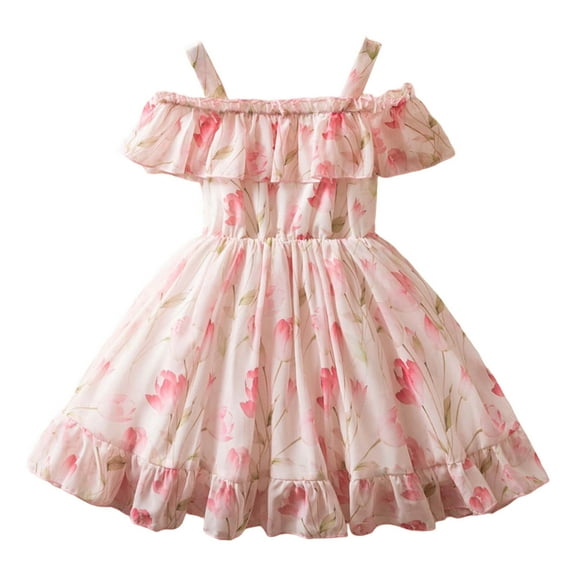 Tfken Toddler Child Girls Dress Size 2-3 Years Short Sleeve Off The Shoulder Trendy Floral Print A-Line Pink Dresses