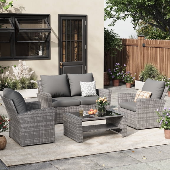 ELPOSUN Wicker Patio Furniture Set, 4 Piece Outdoor Sectional Conversation Sets, Gray PE Rattan Patio Sofa Set for Balcony, Porch, Backyard, Grey