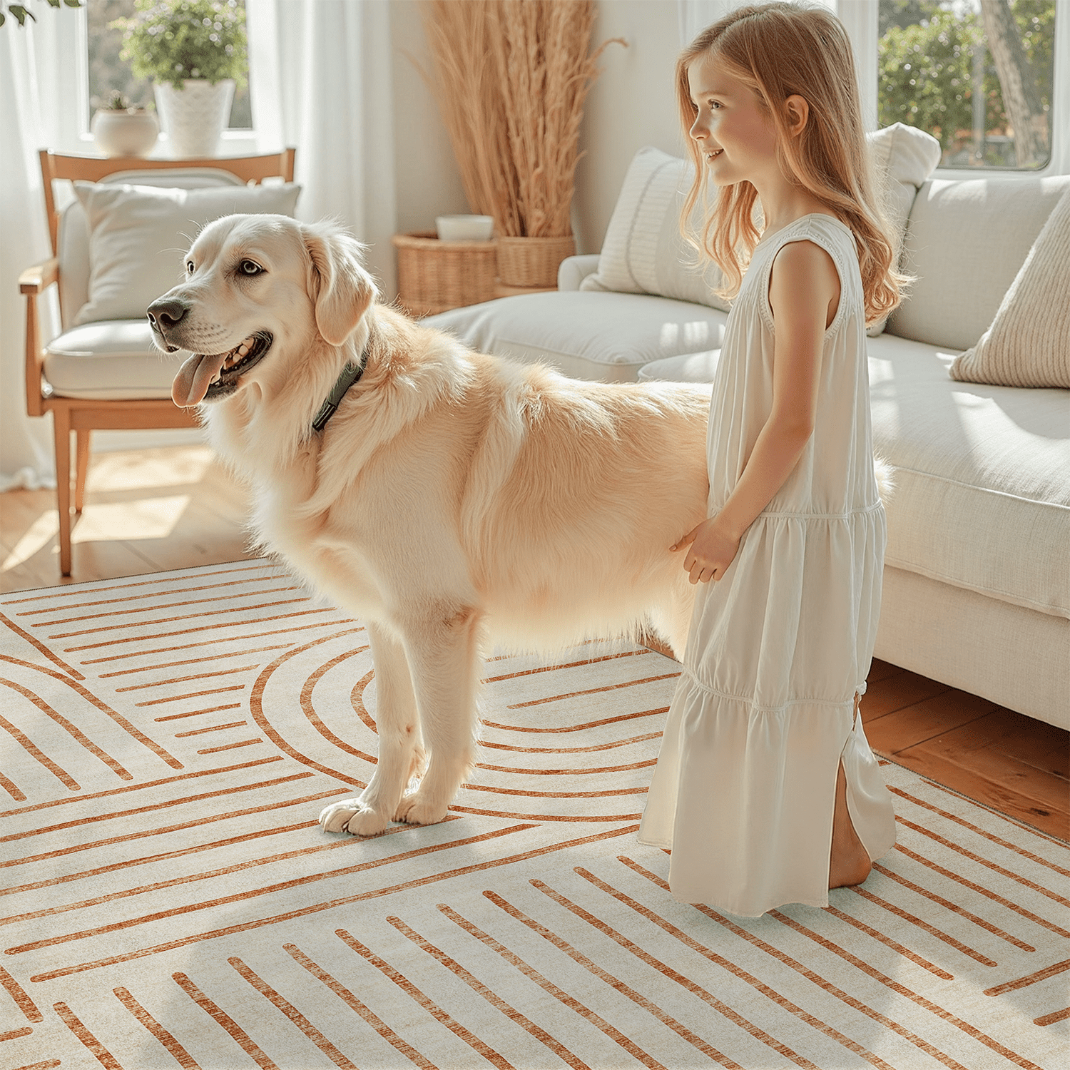 Machine Washable 8x10 Area Rugs, Midcentury Modern Non Slip Stain Resistant Rug for Living Room, Playroom, Bedroom, Soft Low Pile Large Carpet-Beige