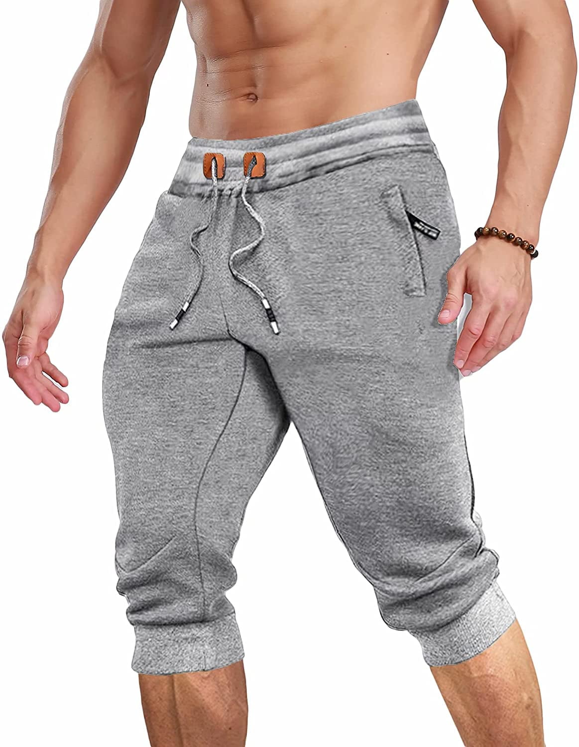 MAGCOMSEN Men's 3/4 Jogger Capri Pants with Zipper Pockets Knee Length Running Training Workout Shorts 