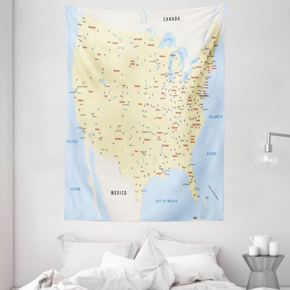 Map Tapestry, United States Interstate Map America Cities Travel Destinations Road Route, Wall Hanging for Bedroom Living Room Dorm Decor, 60W X 80L Inches, Yellow Red Pale Blue, by Ambesonne