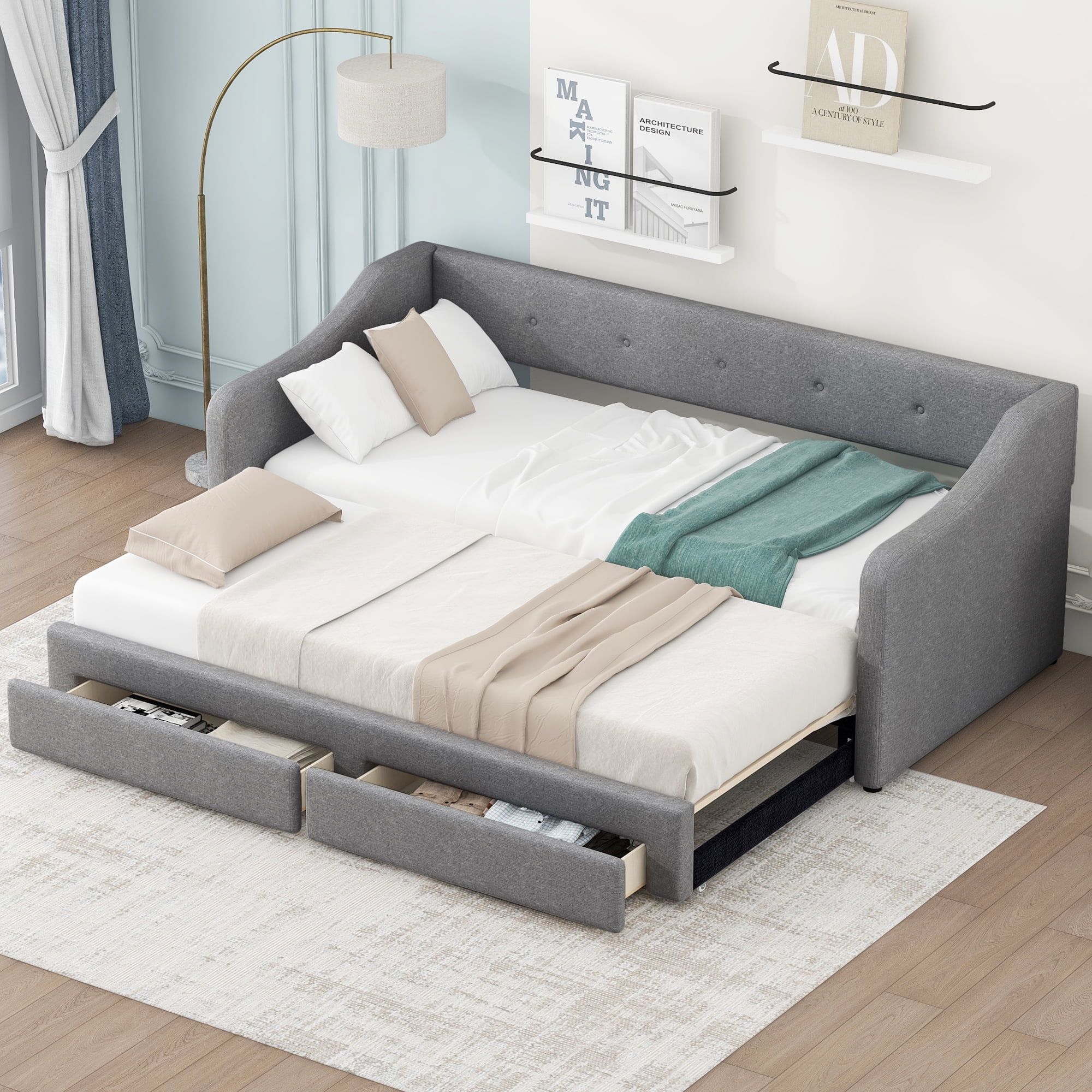 Euroco Upholstered Twin XL to King Size Daybed with 2 Drawers, Gray