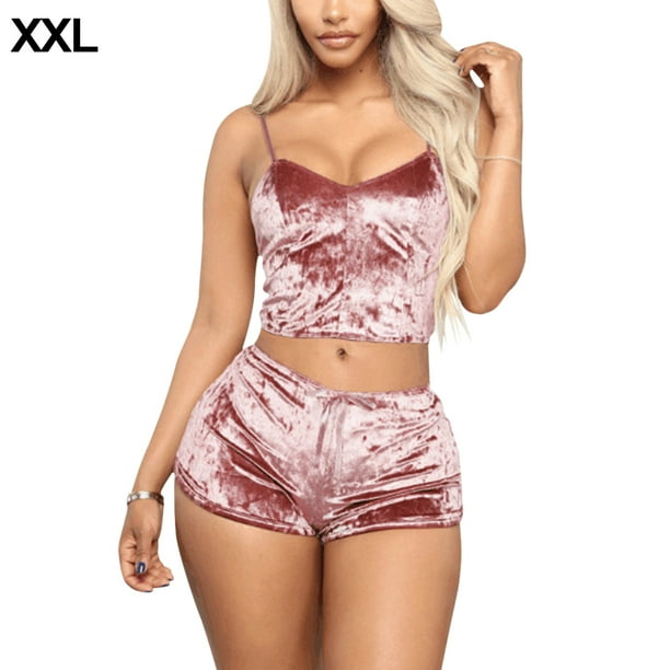 Conjunto de pantalones cortos de terciopelo sexy para mujer, ropa de dormir, ropa interior, lencería, regalo, rosa, XXL Methold XX000204-15