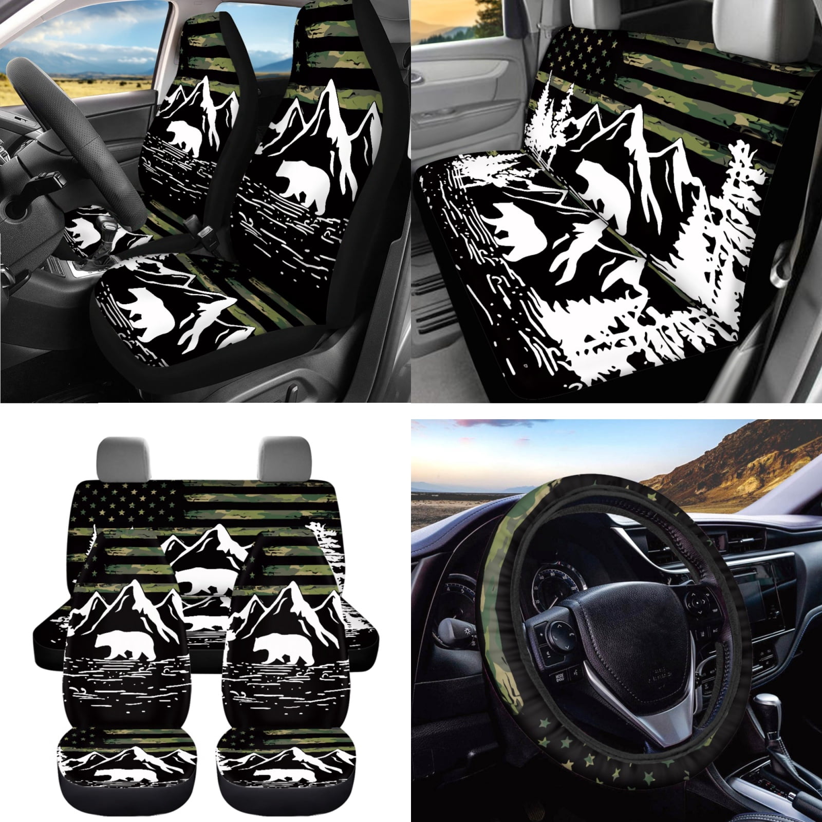 Jeiento American Flag Car Seat Cover Set of 15 Auto Front Back Seat Protector Steering Wheel Cover Seat Belt Pad Garbage Bag Air Vent Bag Mountain Rearview Mirror Cover Coasters Key Chain