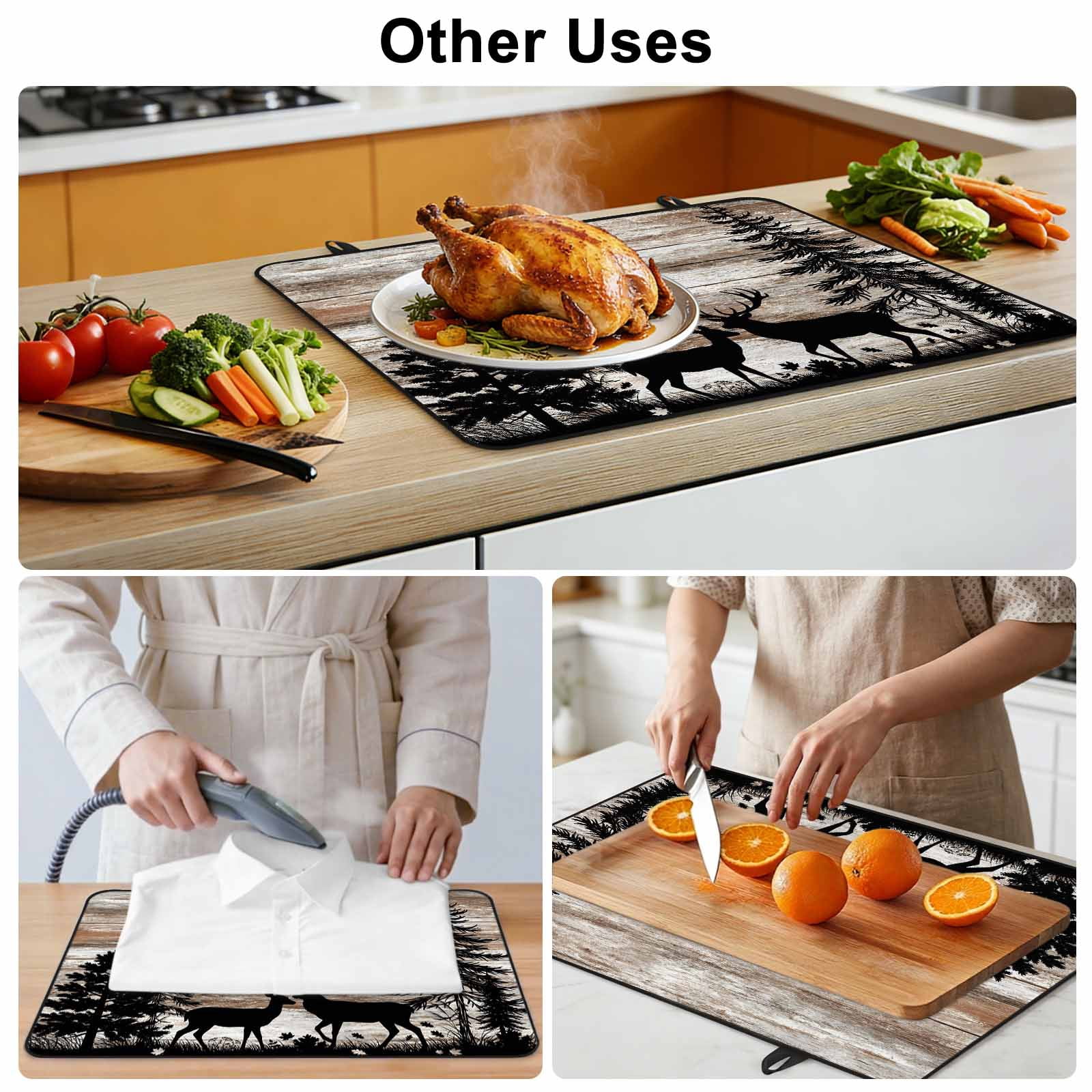 Deer Silhouettes Stove Top Cover for Electric Stove, Heat-proof & Non Slip Glass Top Stove Cover Protector, Trees Wooden Retro Art Farmhouse Kitchen Flat Cooktop Rubber Mat 24x21 Inches