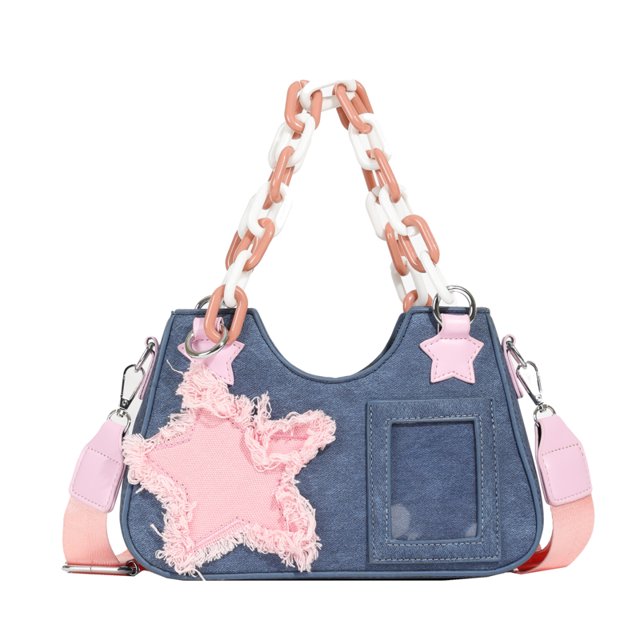 Y2K Bolso de hombro con estrella con correa de cadena Bolso bandolera de mezclilla para mujer