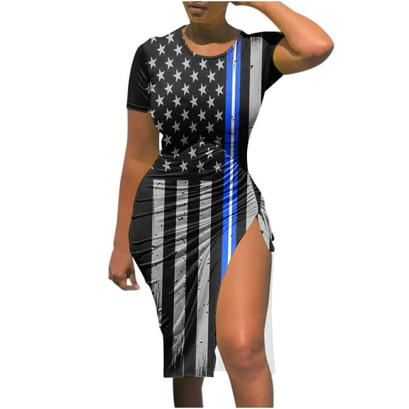 Wycnly Womens 4th of July Dresses Sexy Bodycon Slit Drawstring Independence Day Patriotic Dresses Casual American Flag Print Crewneck Short Sleeve Midi Summer Dress Black xl