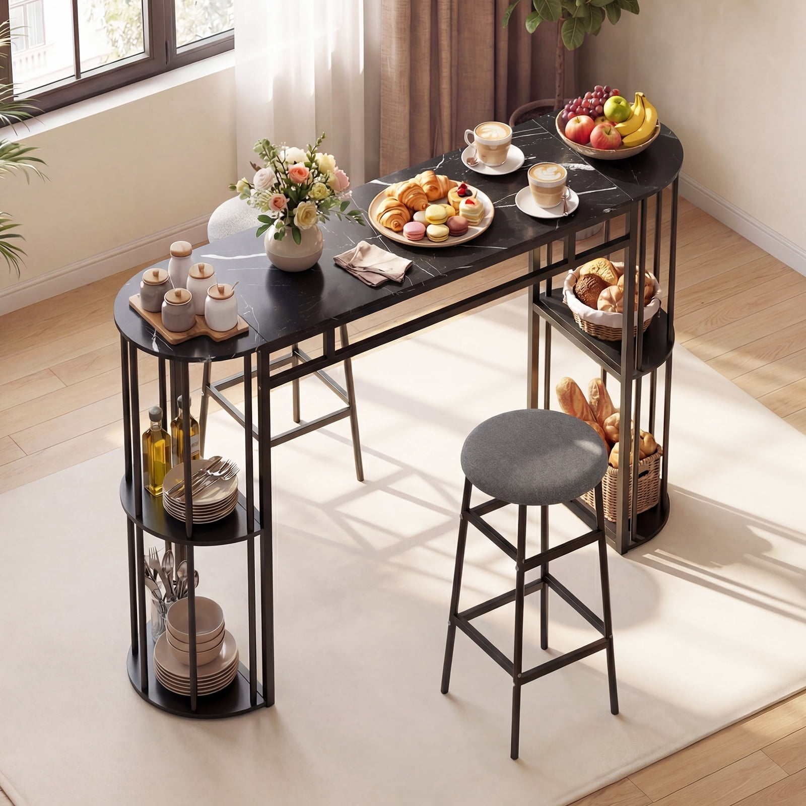 Gymax 3 Pieces 60'' Bar Table Set for 2 w/ Faux Marble Tabletop & Storage Shelves