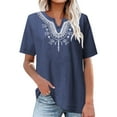 thumbnail image 2 of JGGSPWM Women's Short Sleeve Embroidered Peasant Boho Tunic Tops Casual Notch V-Neck Loose Fit Cotton Linen Blouse Navy L, 2 of 5
