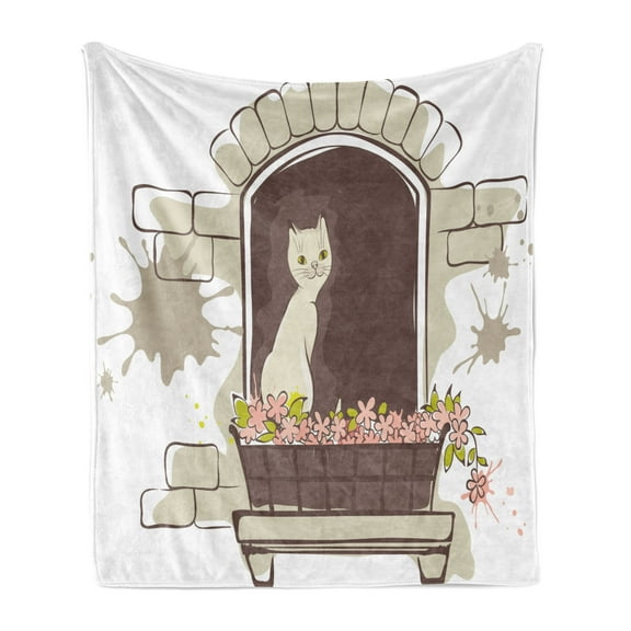 Landscape Soft Flannel Fleece Blanket, Cartoon Animal Cat Pet Smile Positive Morning Apartment Window Artwork, Cozy Plush for Indoor and Outdoor Use, 60" x 80", Umber Black and White, by Ambesonne
