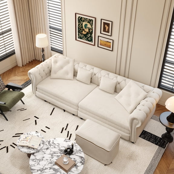 89" Chesterfield 3-in-1 Pull-Out Sofa Bed, King Size Convertible Sleeper Sofa with Movable Ottoman and Chaise Lounge, Tufted Velvet 3-Seater Couch for Living Room or Apartment (Beige/White)