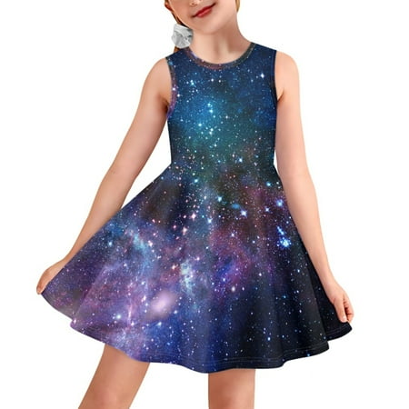 

Pzuqiu Cosmic Starry Sky Sundresses for Girls Casual Beach Size 3-4 Yearas Breathable Walking Midi Sundress Durable Vacation Youth Skater One-Piece Skirts