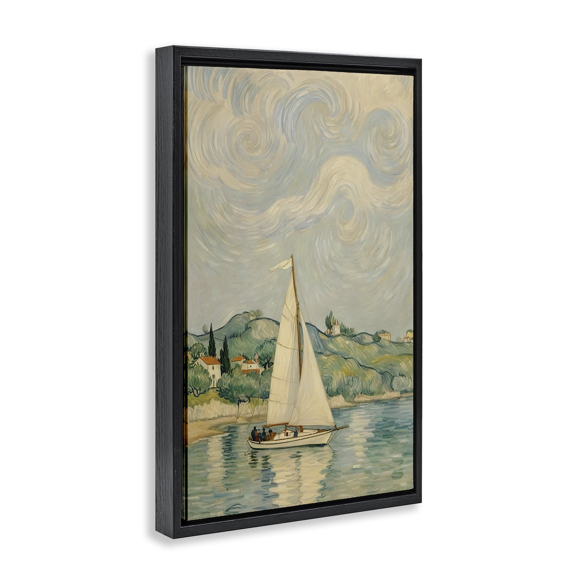 Stupell Industries Sailboat Beneath Swirling Clouds Black Framed Floater Canvas Wall Art, design by Angie Hawke