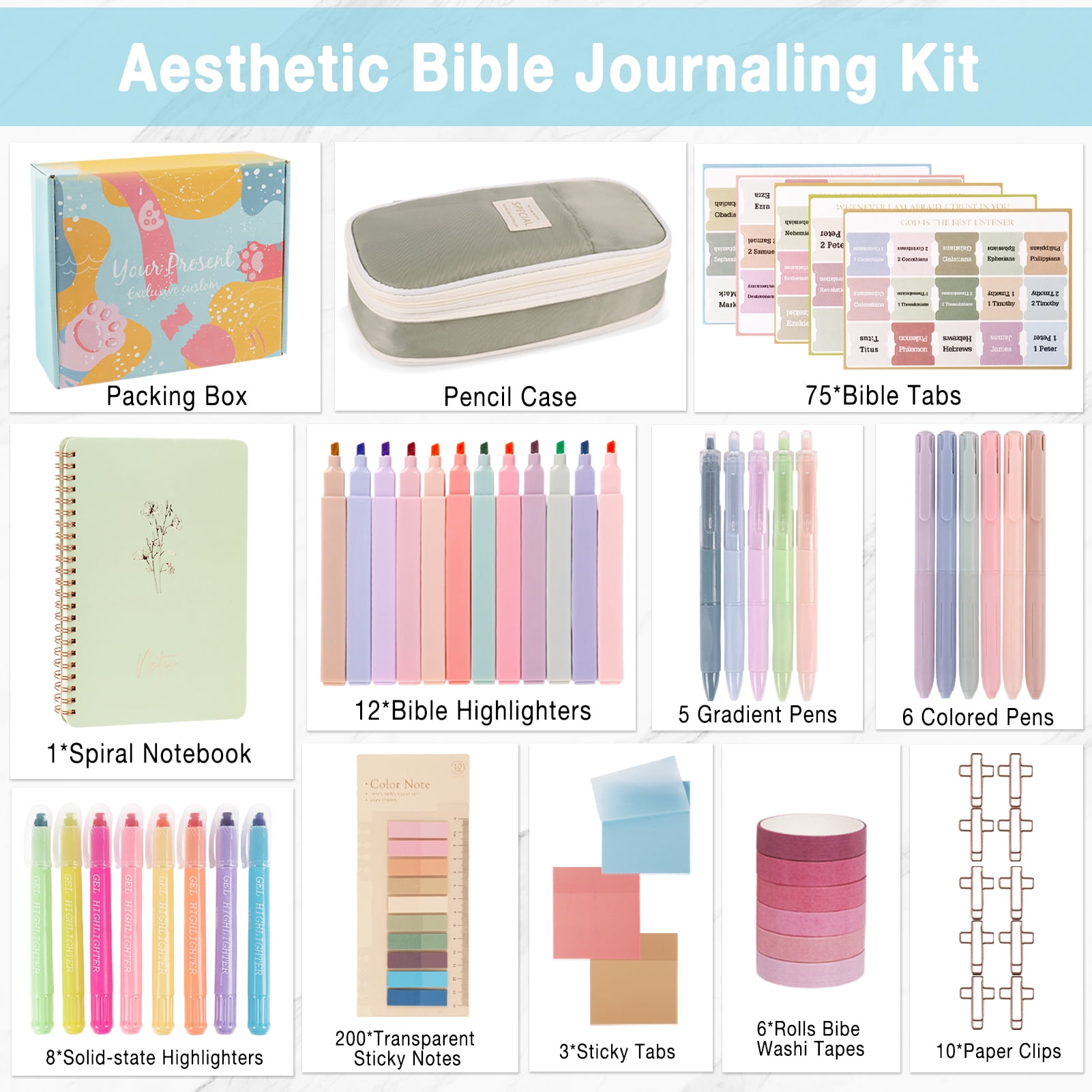 KORALAKIRI 33Pcs Bible Study Supplies, Bible Journaling Kits with Bible Case Cover, No Bleed Highlighter Pens Stationary Set for Women Gifts