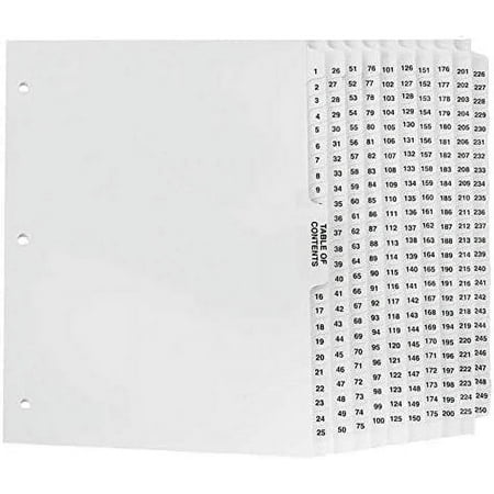 Exhibitindexes® Numbered Dividers 1-250 Punched - AVE Style Bold Tabs - Side Collated Exhibit Tabs