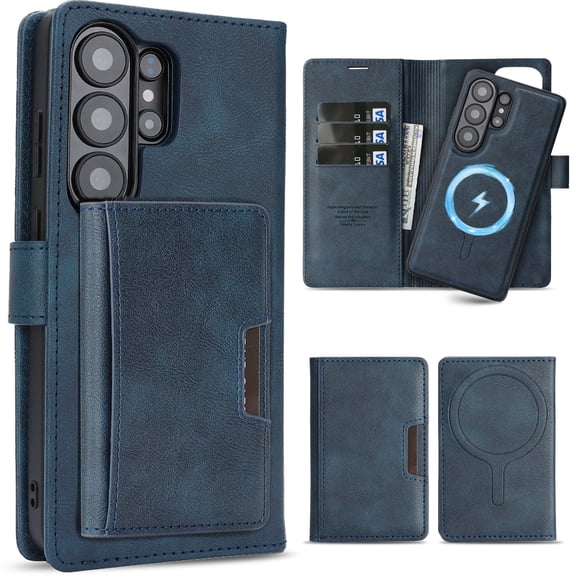 3-in-1 Premium PU Leather Wallet Folio Flip Case for Samsung Galaxy S26 Ultra, Detachable Magnetic Back Cover with Card Slots Kickstand Full Body Protection Rugged Case, Blue