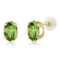 Gem Stone King 14K Yellow Gold Green Peridot Stud Earrings for Women Men (1.60 Cttw, Gemstone Birthstone Oval 7X5MM)