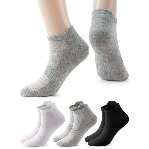 Deago 5 Pairs Men's Ankle Athletic Running Socks with Cushion Low Cut Sports Tab Socks (Gray, L)