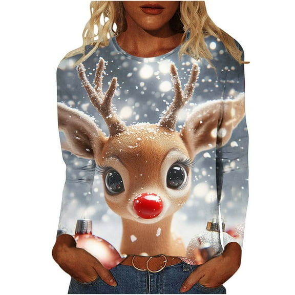 Womens Christmas Tops Casual Christmas Reindeer Blouse Long Sleeve Crew Neck Shirt Festive Holiday Top Tees Fall Clothes My Items